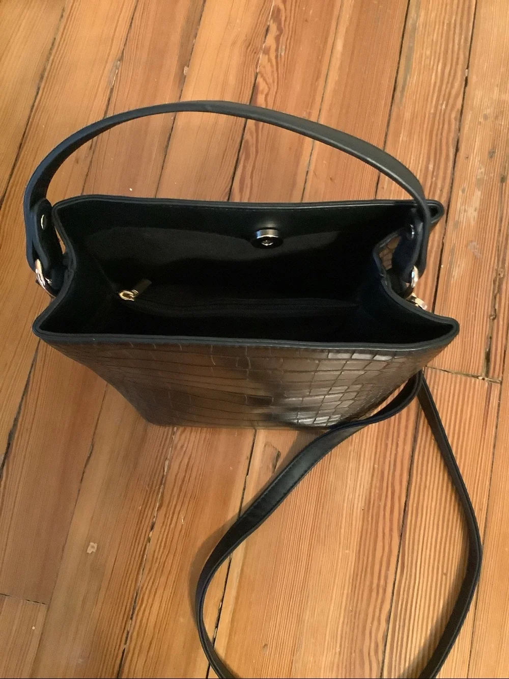 Black Vegan Leather Croc-Embossed Crossbody Bag